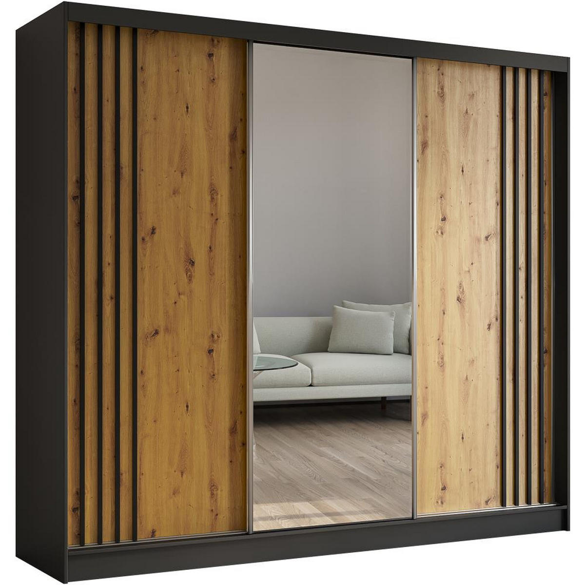 SCHWEBETÜRENSCHRANK Nela 240/216/61 schwarz mit Schubladen - Schwarz/Eiche Artisan, Holzwerkstoff (240/216/61cm) - Beautysofa