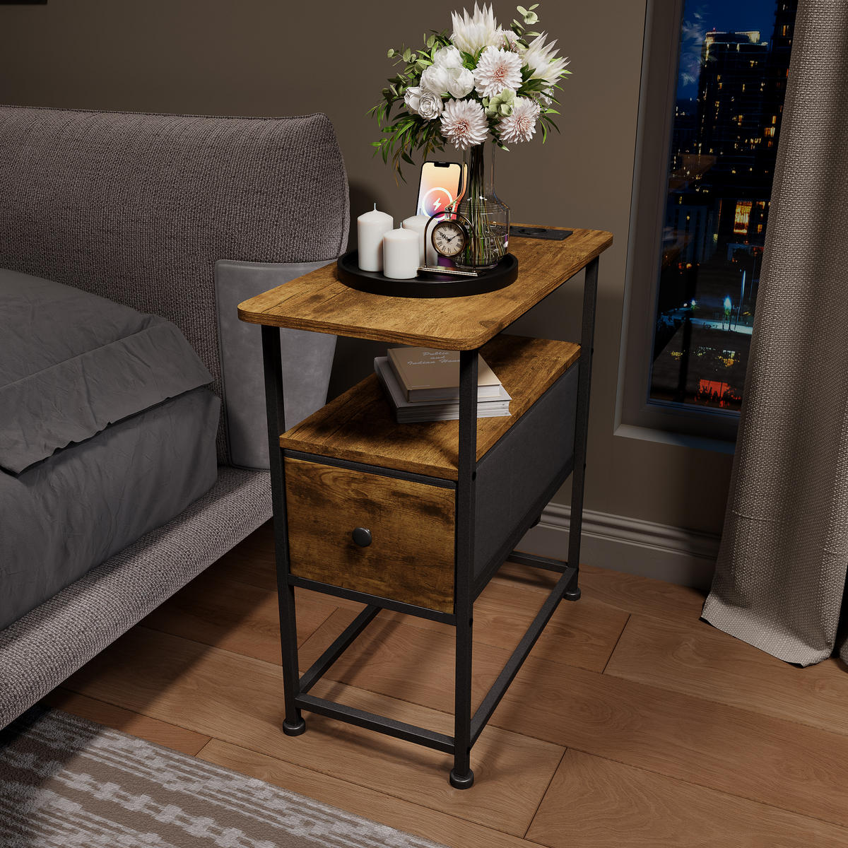 NACHTTISCH LED USB Schublade offene Fächer Tigerstreifen - Naturfarben, Holz (60/62/30cm) - LEBENLANG