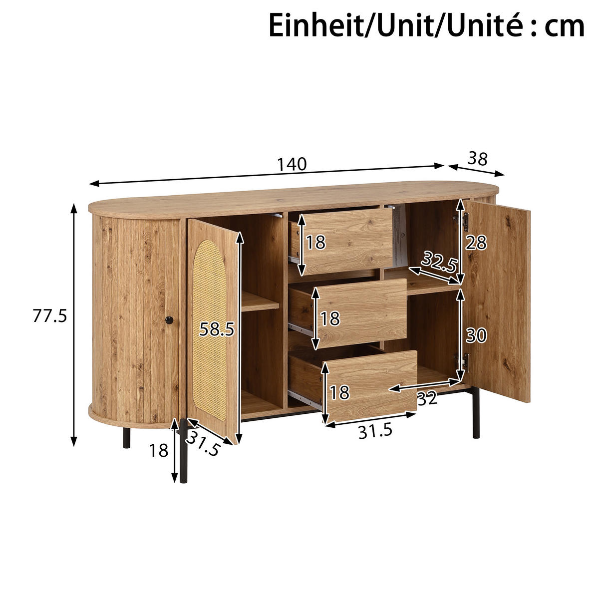SIDEBOARD oval Rattan Holzoptik - Naturfarben, Holzwerkstoff (140/77.5/38cm)