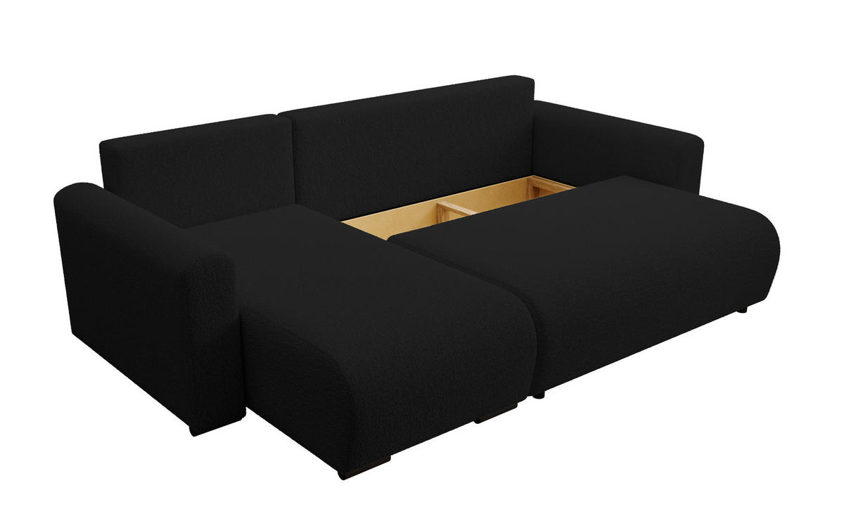 ECKSOFA DORA L, Eckcouch in L-Form mit Schlaffunktion und Bettkasten, Farbe: Schwarz, Bouclé-Stoff, Ottomane Links - Schwarz, Textil (240/143cm) - Storez24