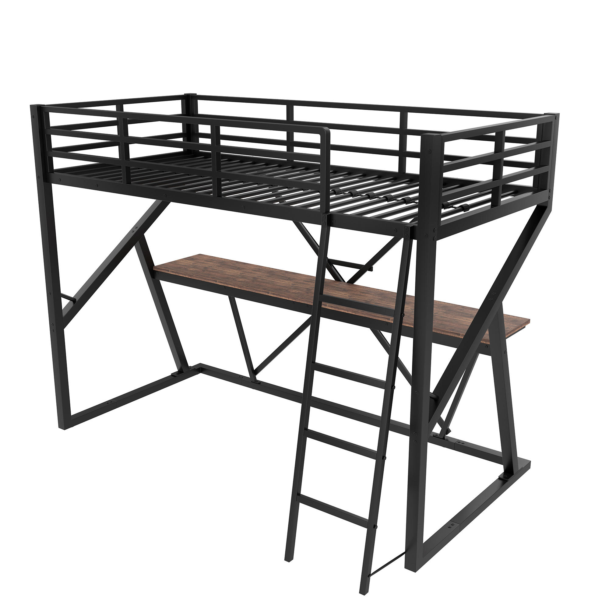 HOCHBETT 90/200 cm DE-04526, mit LED, Schreibtisch und Geländer in Schwarz - Schwarz, Metall (90/200cm) - ComfortXL