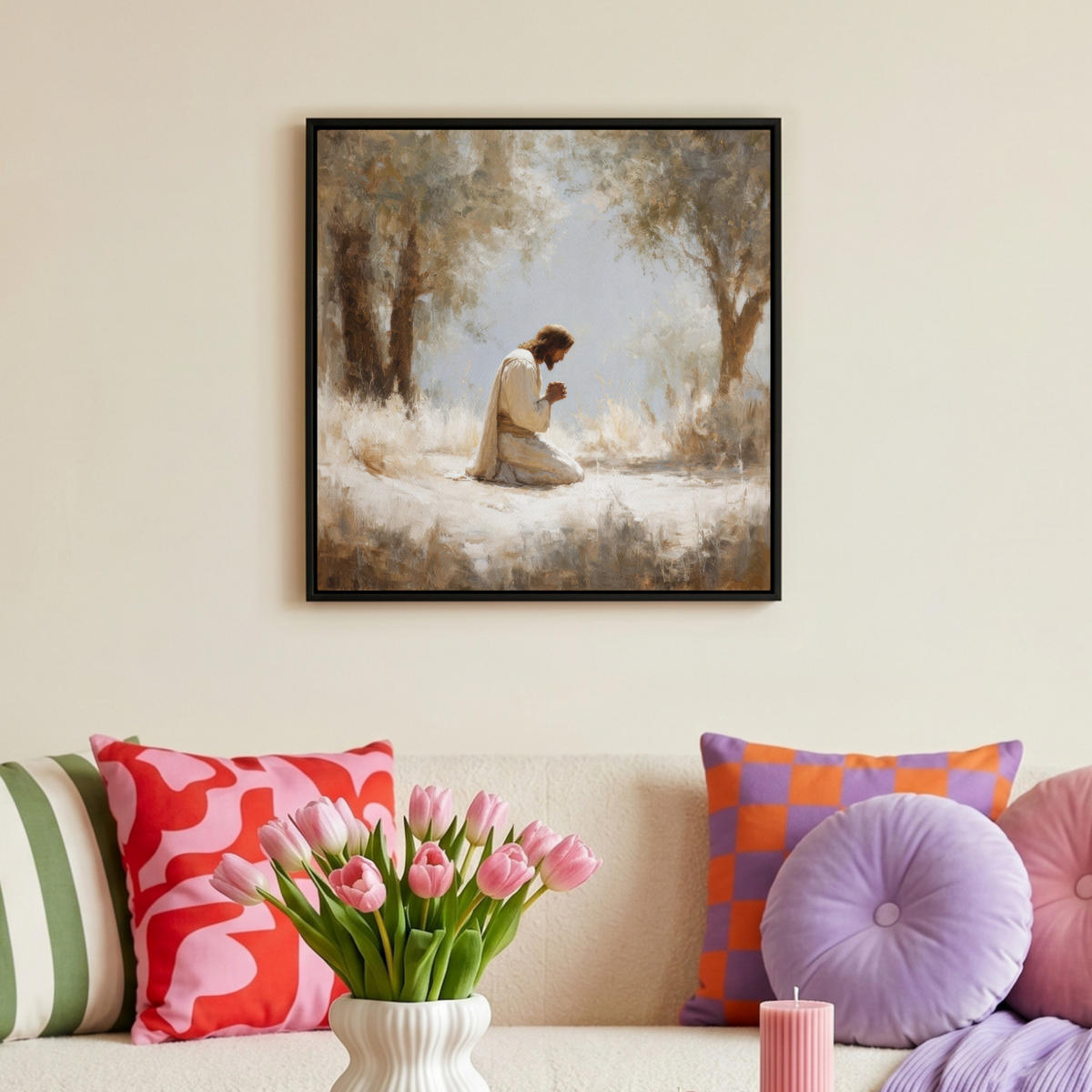 LEINWAND Bilder mit Rahmen - Jesus - Kniend - Waldlandschaft - Betend - 50x50 - Beige, Textil (50/50cm) - MuchoWow