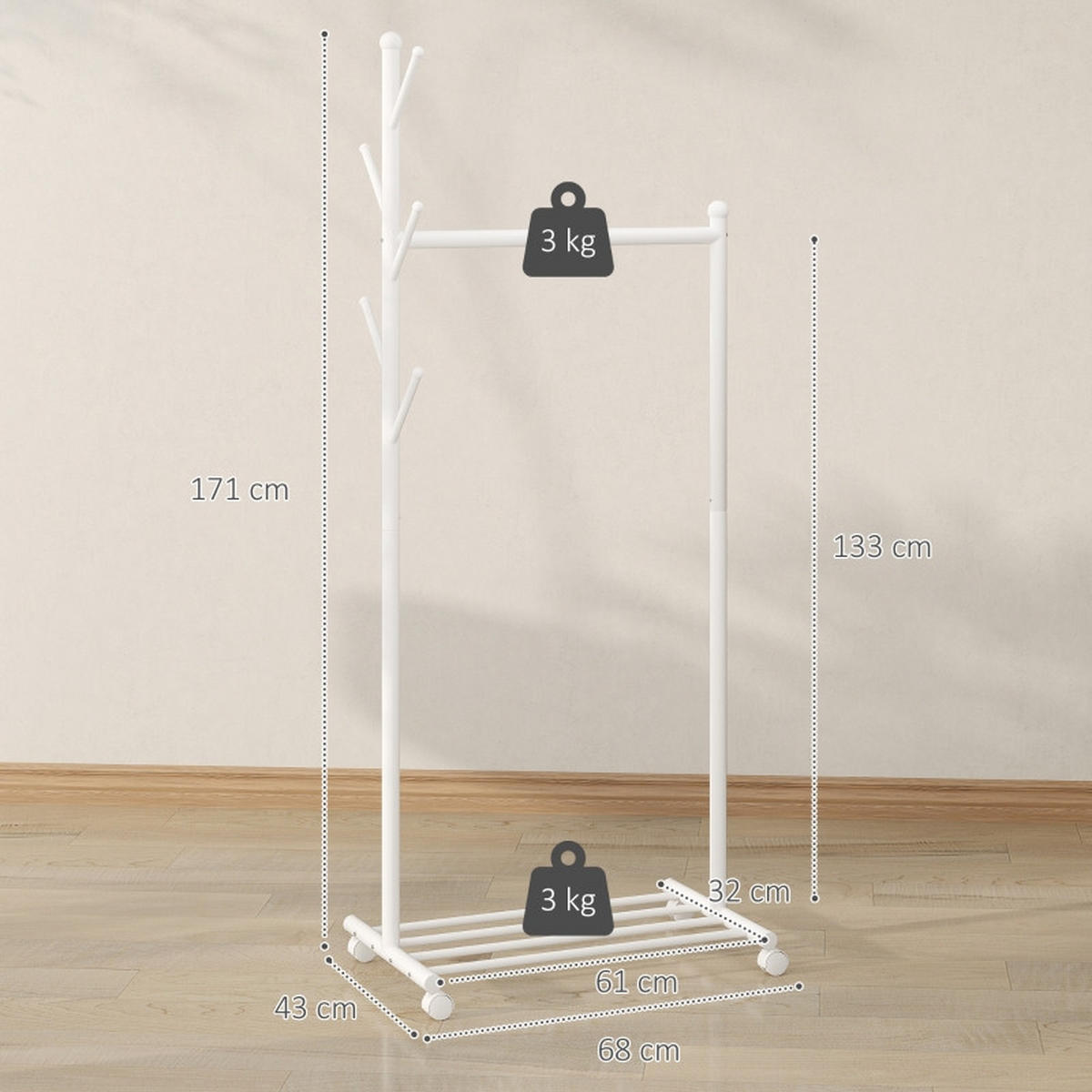 STANDGARDEROBE in Weiß mit 5 Haken, Kleiderstange und Schuhablage 68/43/171 cm - Weiß, Metall (68/171/43cm) - BEAOK