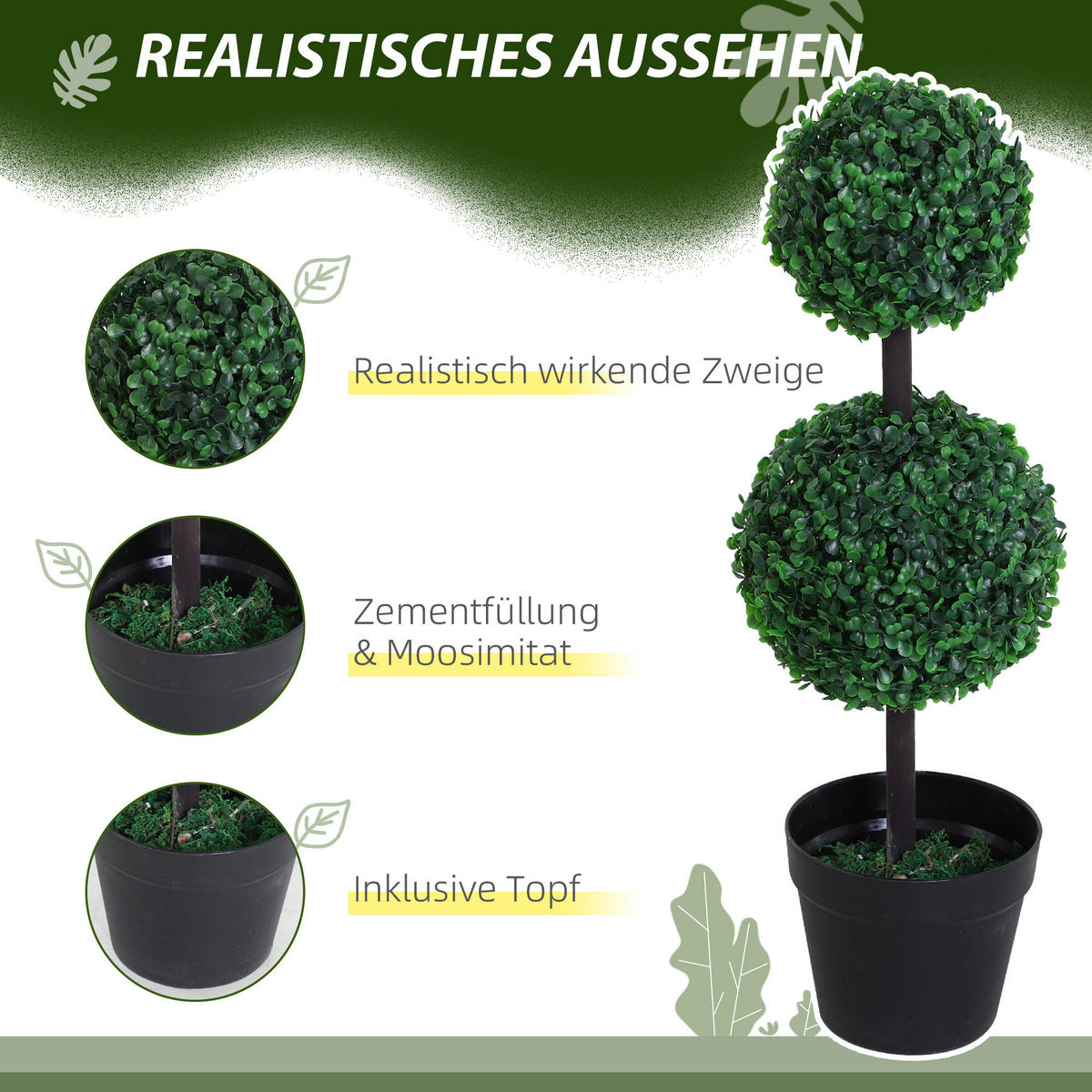 KÜNSTLICHE PFLANZE 2er Set groß 67 cm mit 2 Kugel - Grün, Kunststoff (67cm) - Outsunny