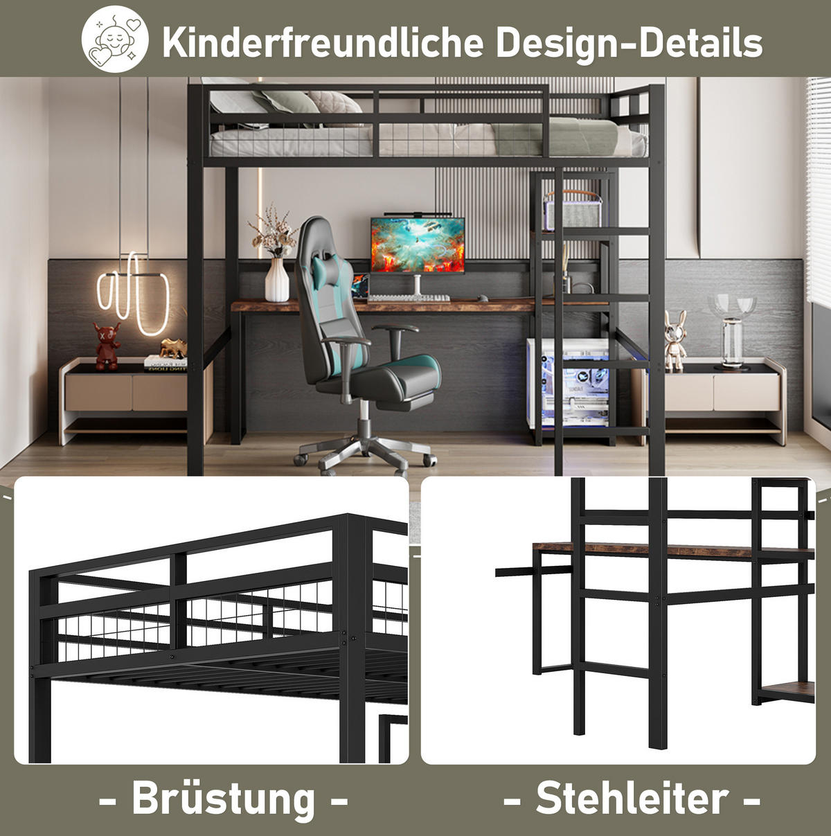 HOCHBETT 140/200 cm mit Schreibtisch, Regalen, Steckdose, USB-C und Leiter, Metallrahmen, Schwarz - Schwarz, Metall (140/200cm) - Redom