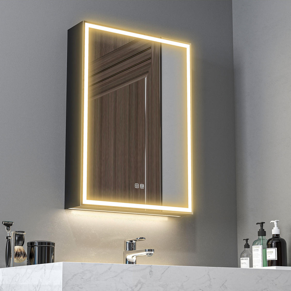 SPIEGELSCHRANK, verstellbarer LED-Beleuchtung und Antibeschlagfunktion,50*12.8*70cm, Schwarz - Schwarz, Glas (50/70/12.8cm) - Vallsero