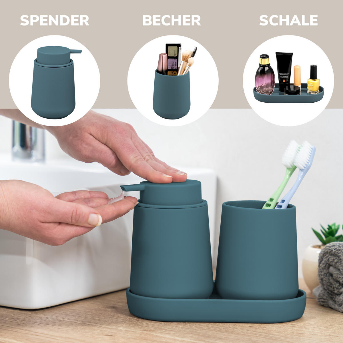 BAD-ACCESSOIRES-SET TESERO 3tlg., Soft-Touch, blau - Blau, Kunststoff (8.5/12/9cm) - eluno