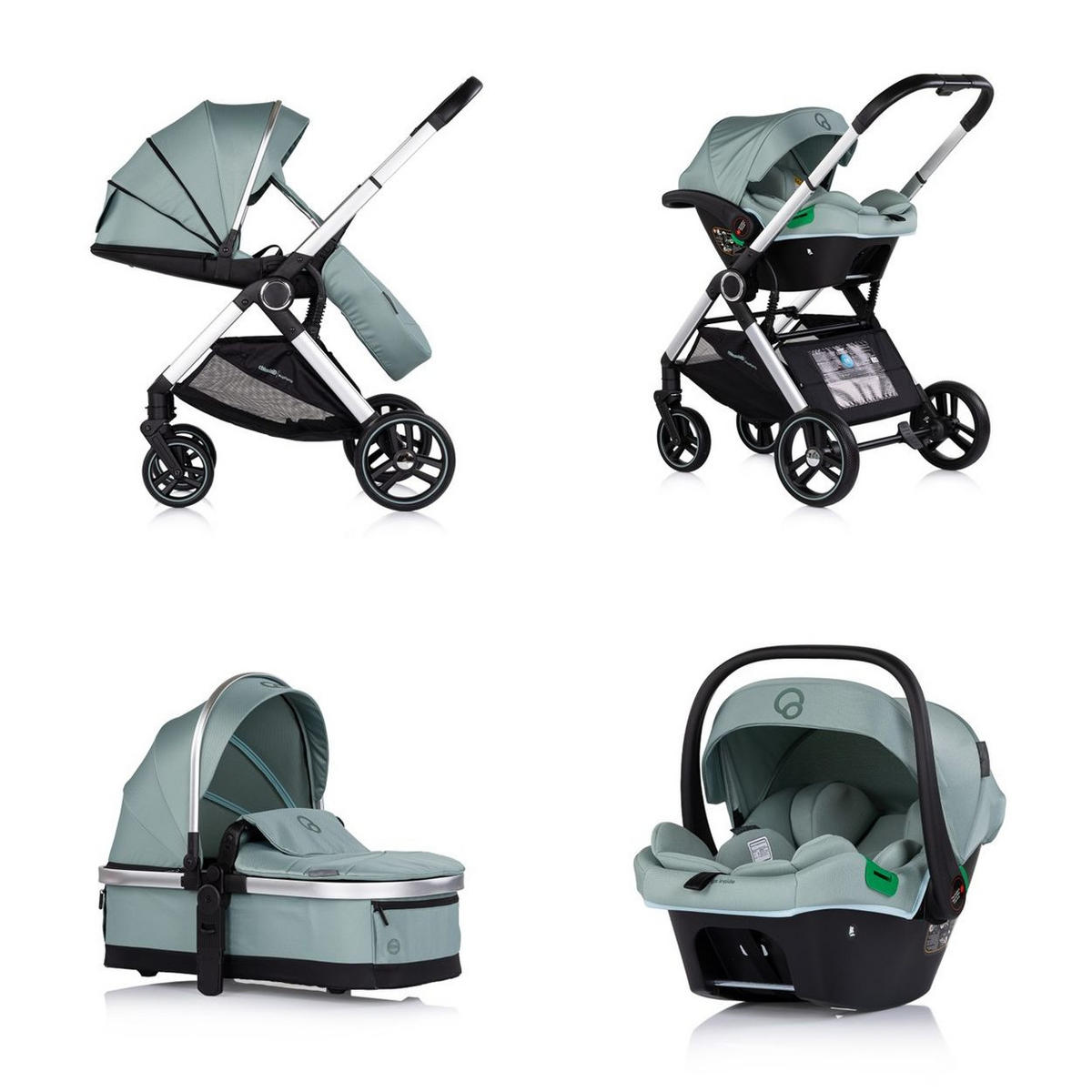 KOMBIKINDERWAGEN Euphoria 3in1 grün Sportsitz Babyschale umbaubar klappbar - Grün, Metall (88/64/107cm) - Chipolino