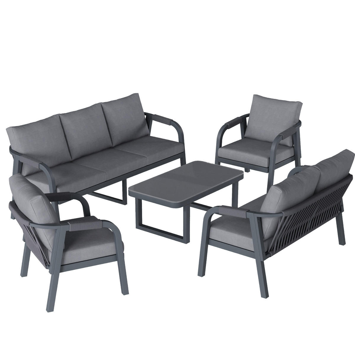 GARTENLOUNGE-SET für 7 Personen mit Glas-Couchtisch und Seilgeflecht, Grau - Grau, Metall - Redom