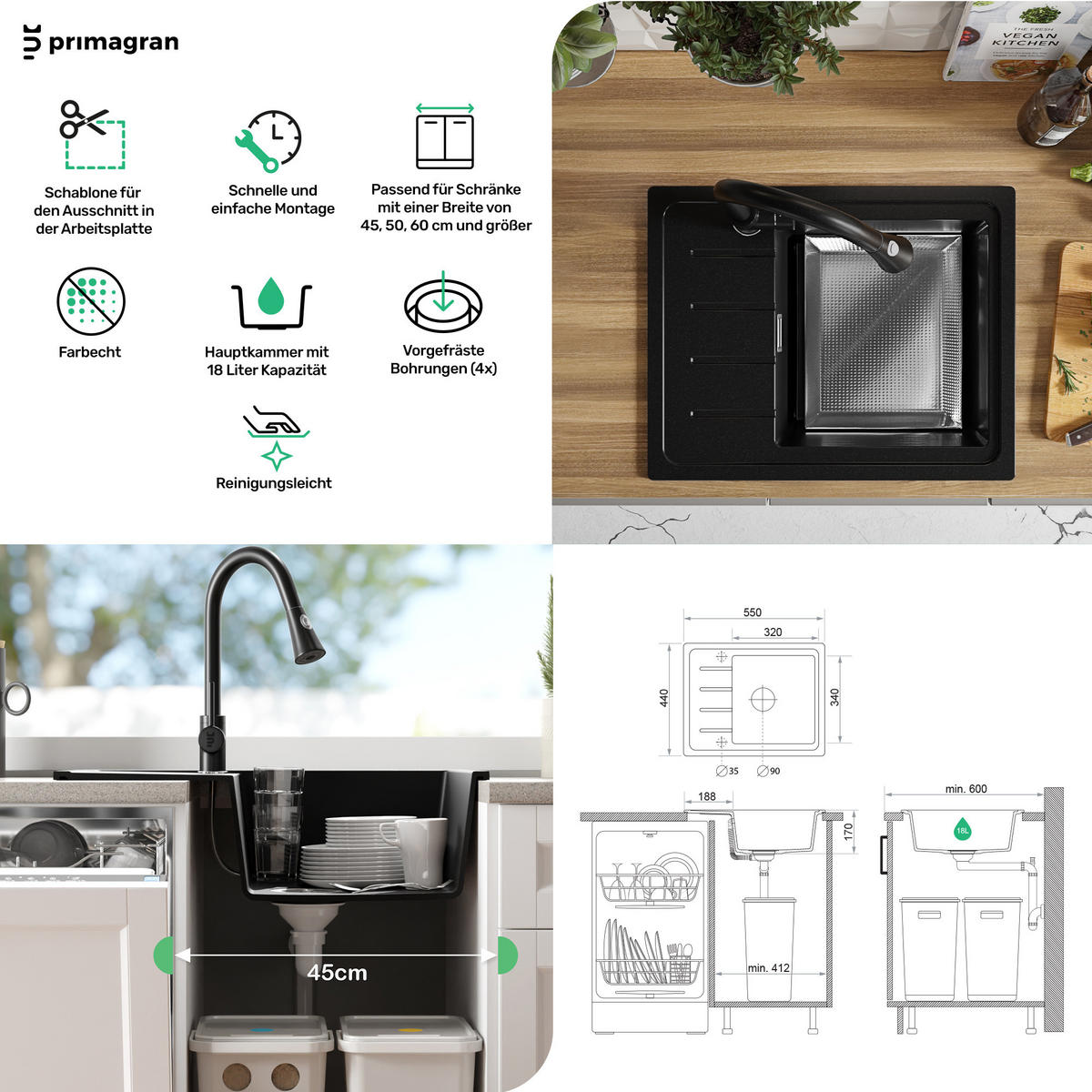 SPÜLBECKEN Kopenhagen Easy, 2-er set Weiß 55/44 cm 1 Becken + Ablauf-Set ab 45er Unterschrank - Chromfarben/Weiß, Kunststoff (55/17/44cm) - Primagran