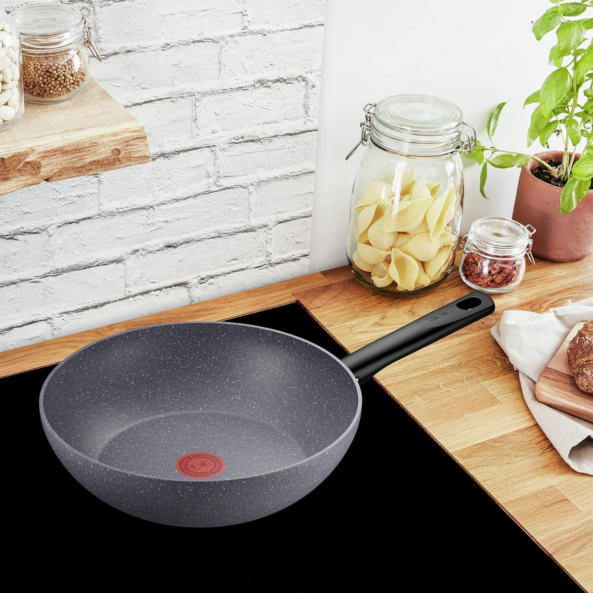 WOKPFANNE – Natural On G28019 28 cm, Antihaft, Wok Induktion - Grau, Keramik/Metall (28cm) - Tefal