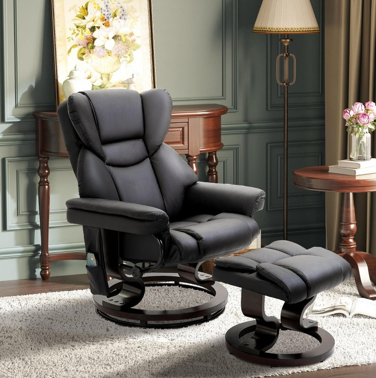 RELAXSESSEL 79/82/101 cm in Schwarz mit Massagefunktion und Hocker - Schwarz, Kunststoff (82/101/79cm) - Flora Grace