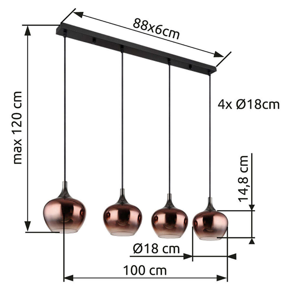 HÄNGELEUCHTE MAXY Metall schwarz Glas kupfer - Schwarz, Glas (100/18/120cm) - Globo Lighting