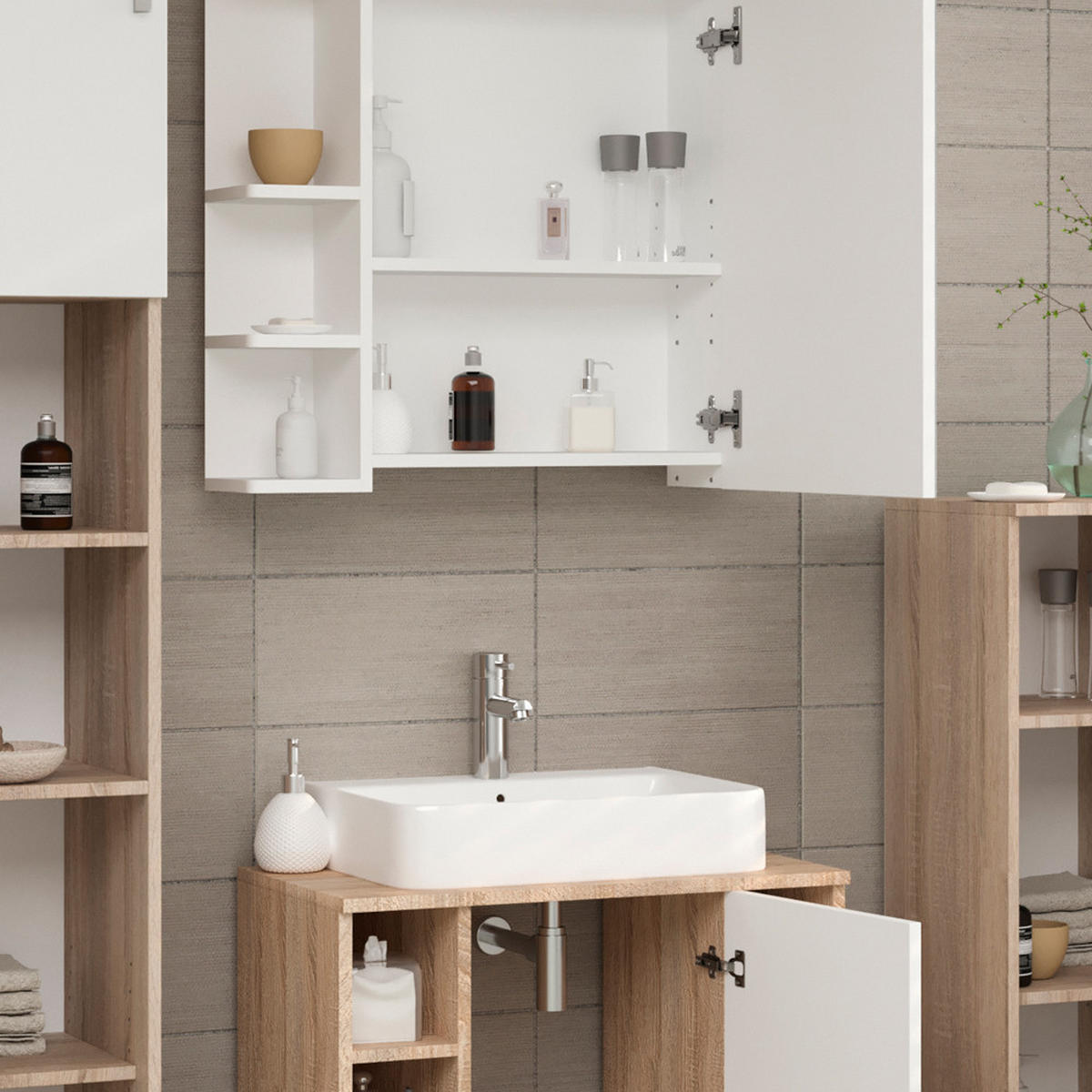 BADMÖBEL-SET Fynn Sonoma 2 Teile - Weiß/Sonoma Eiche, Holzwerkstoff (60/54/32cm) - Vicco