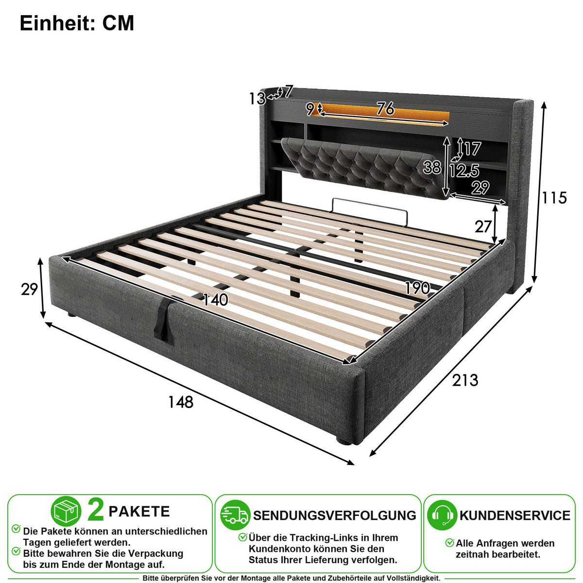 ČALOUNĚNÁ POSTEL 140/190 cm v šedé barvě s úložným prostorem, LED a USB-C - šedá, kov/kompozitní dřevo (140/190cm) - CHICFURN