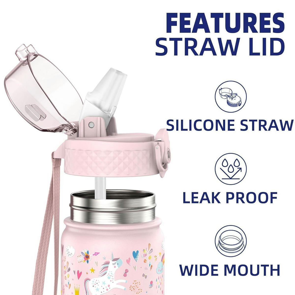 TRINKFLASCHE Kinder 420ml Edelstahl mit Strohhalm und auslaufsicherem Deckel Rosa Einhorn - Rosa, Metall (7.5/7.5cm)