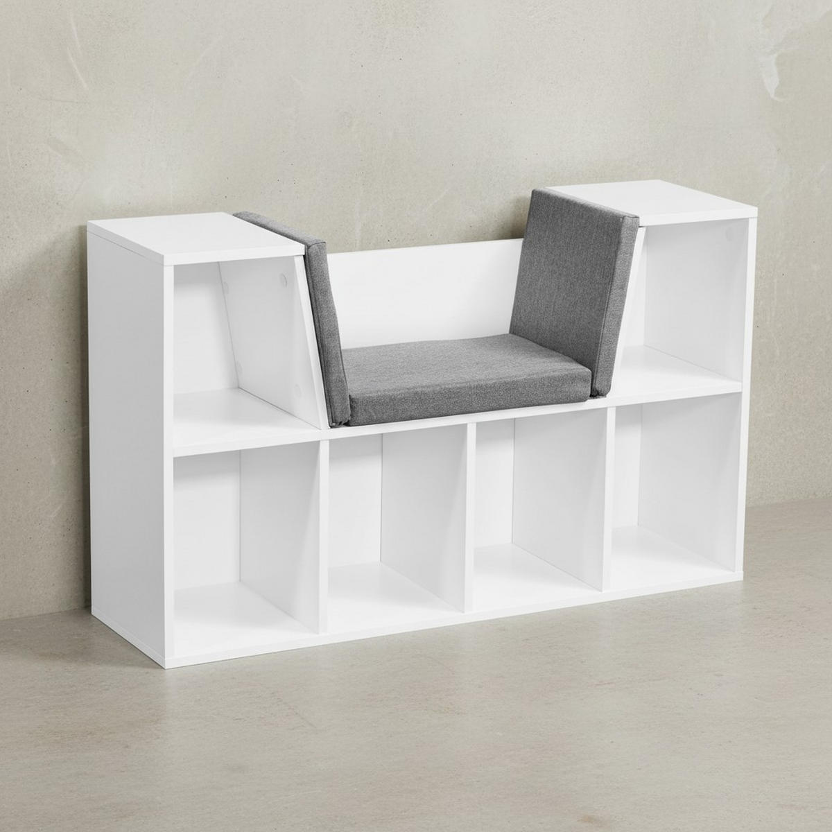 SCHUHBANK – Weiß matt, 101,5x61,5x30 cm, Sitzfläche Grau, 6 Fächer - Weiß/Grau, Holz/Textil (102/62/30cm) - KADIMA DESIGN