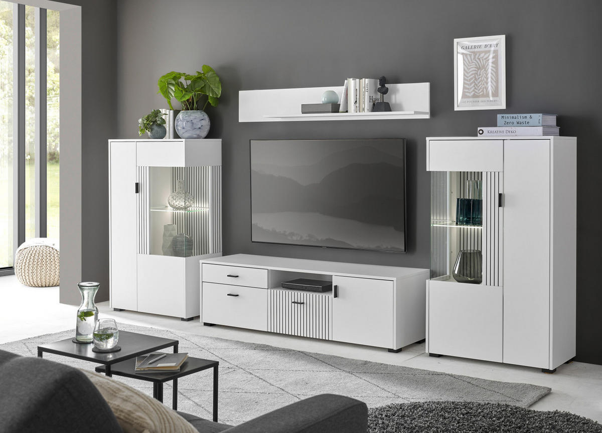 VITRINE weiß matt, Highboard 75 x 125 cm mit Soft-Close - Schwarz/Weiß, Glas/Holzwerkstoff (75/125/38cm) - Furn.Design