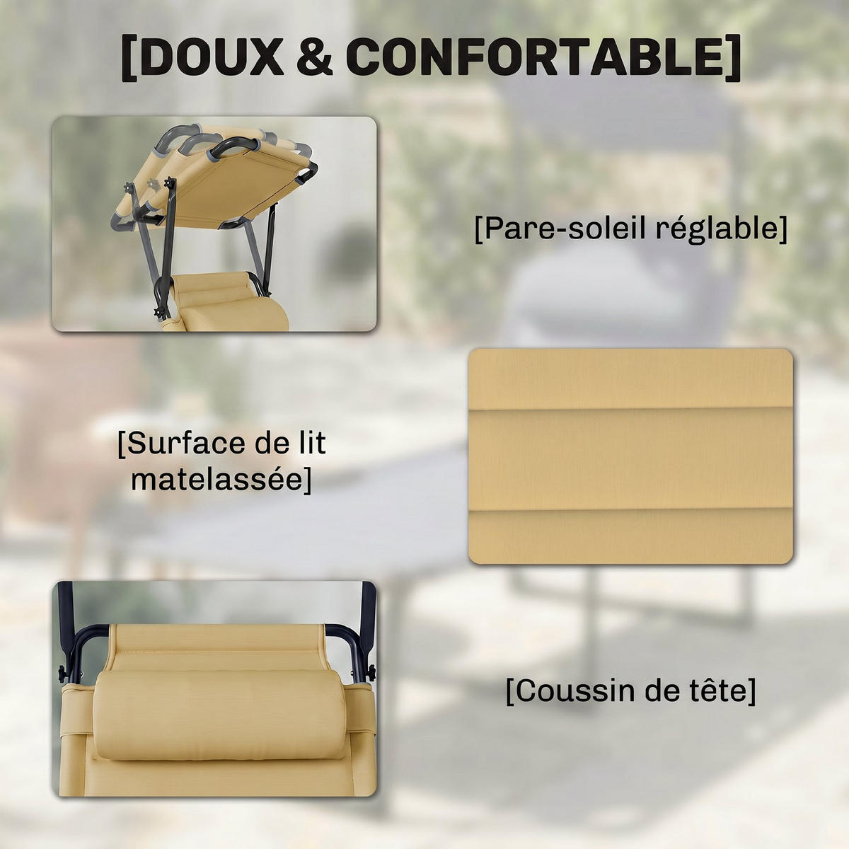 SONNENLIEGE DE-15640 70/200/45 cm mit Sonnendach & Kopfkissen Creme - Creme, Metall (70/45/200cm) - ComfortXL