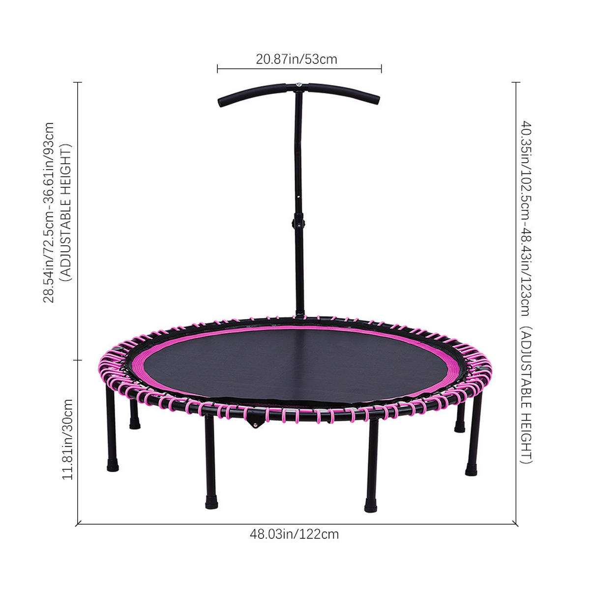 48-ZOLL-RUNDTRAMPOLIN mit Bungee-Seilen und verstellbarem T-Griff Faltbar aus Stahl Oxford-Gewebe Gummiseil in Schwarz Rosa 122 x 122 Tx 123 cm - Pink, Metall (122/122cm) - Livingandhome