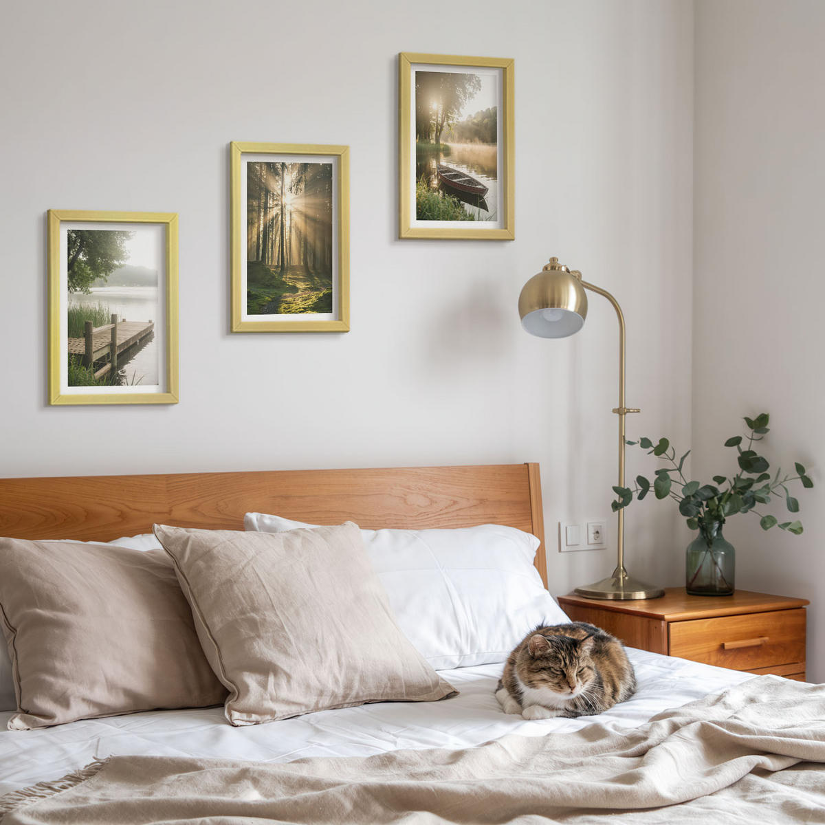 BILDER SET 3er Set - 20x30 cm Goldrahmen - See, Wald, Boot, Morgennebel - Goldfarben, Kunststoff (20/30cm) - TULUP