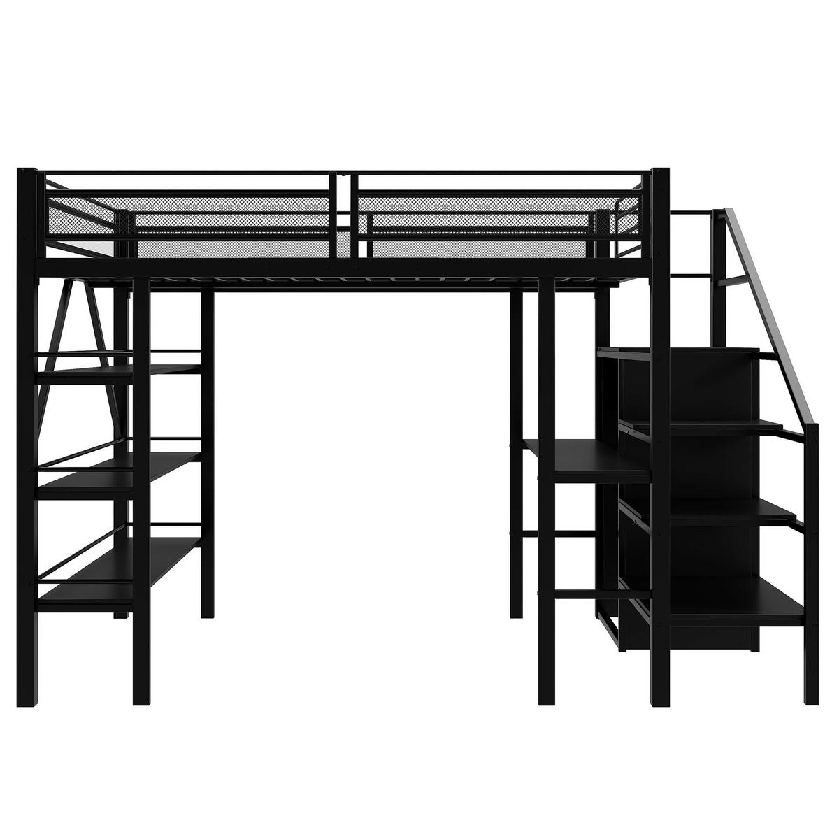 HOCHBETT 140/200 cm Schwarz mit Schreibtisch und Ablageregal aus Metall - Schwarz, Metall (140/200cm) - OKWISH