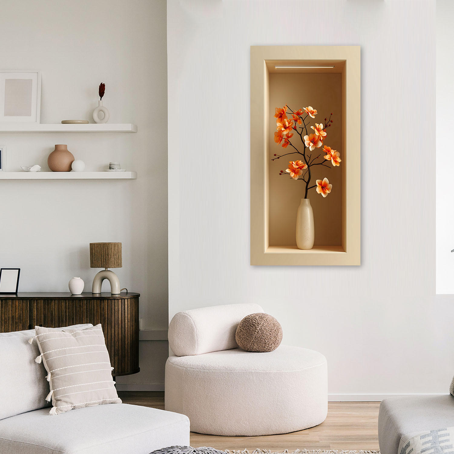 LEINWANDBILD Pflanzenblumen in einer Vase in einer Vertiefung 60x120cm - Beige, Textil (60/120cm) - Feeby