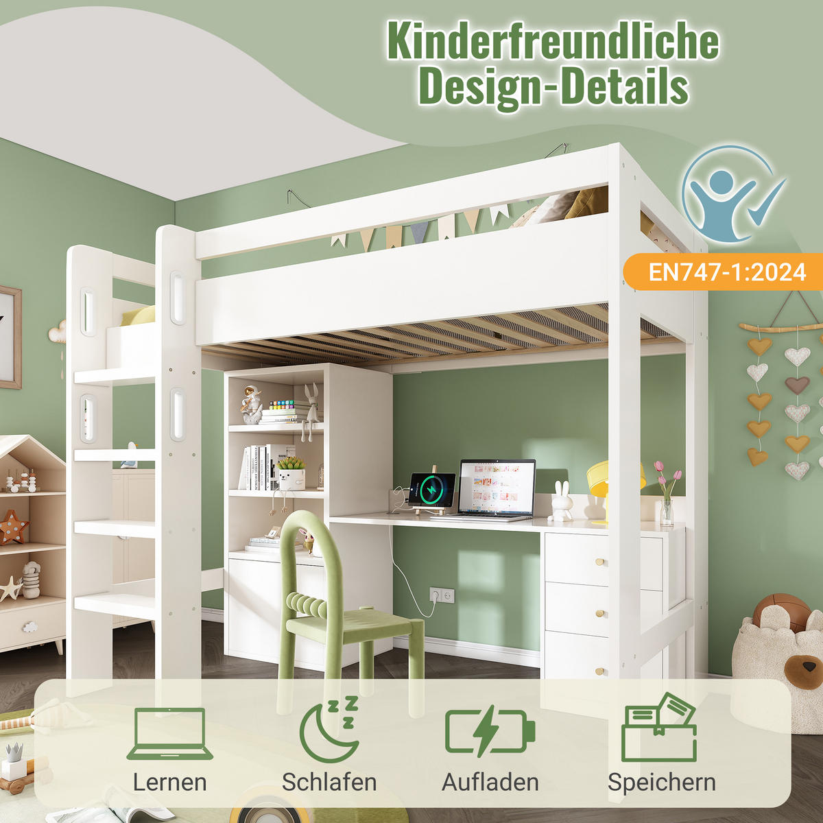 HOCHBETT 90/200 cm mit Schreibtisch, USB-/Type-C-Anschluss, Kleiderschrank und Stauraum, Weiß - Weiß, Holzwerkstoff (90/200cm) - Redom