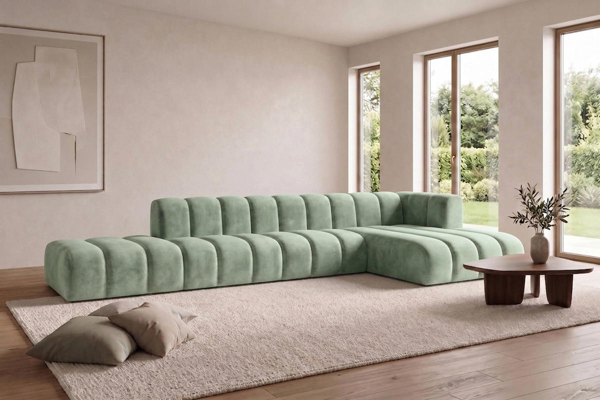 ECKSOFA Modulares In L-Form Mit Hocker, Velvet-Stoff Riviera, Mintz, Rechts, GRAND - Mintgrün, Holz (386/179cm) - Kaiser Möbel