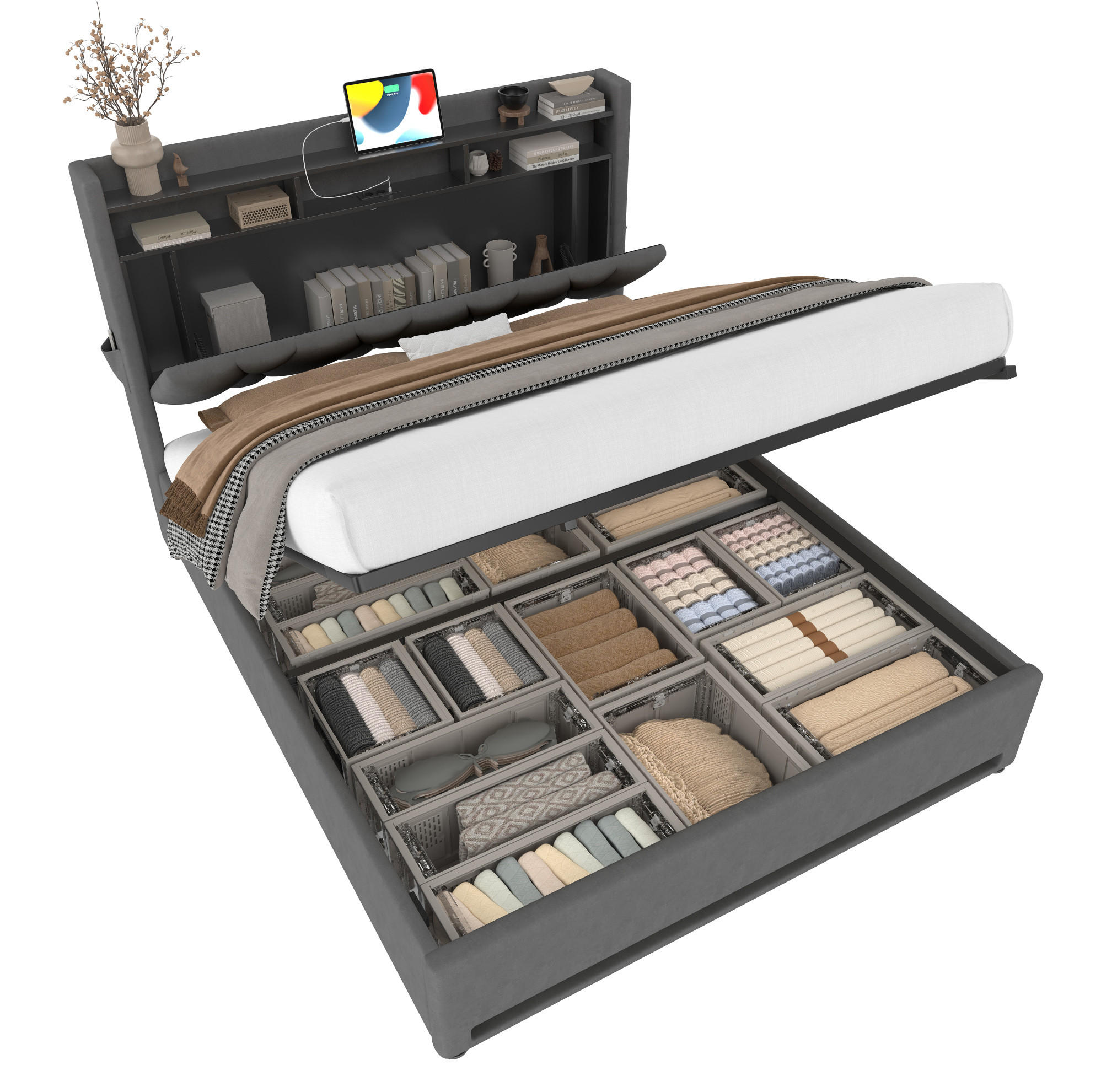 POLSTERBETT 140/200 cm mit LED-Beleuchtung, USB- und Type-C-Anschluss, Stauraum-Kopfteil und Bettkasten, Dunkelgrau - Dunkelgrau, Textil (140/200cm) - Redom