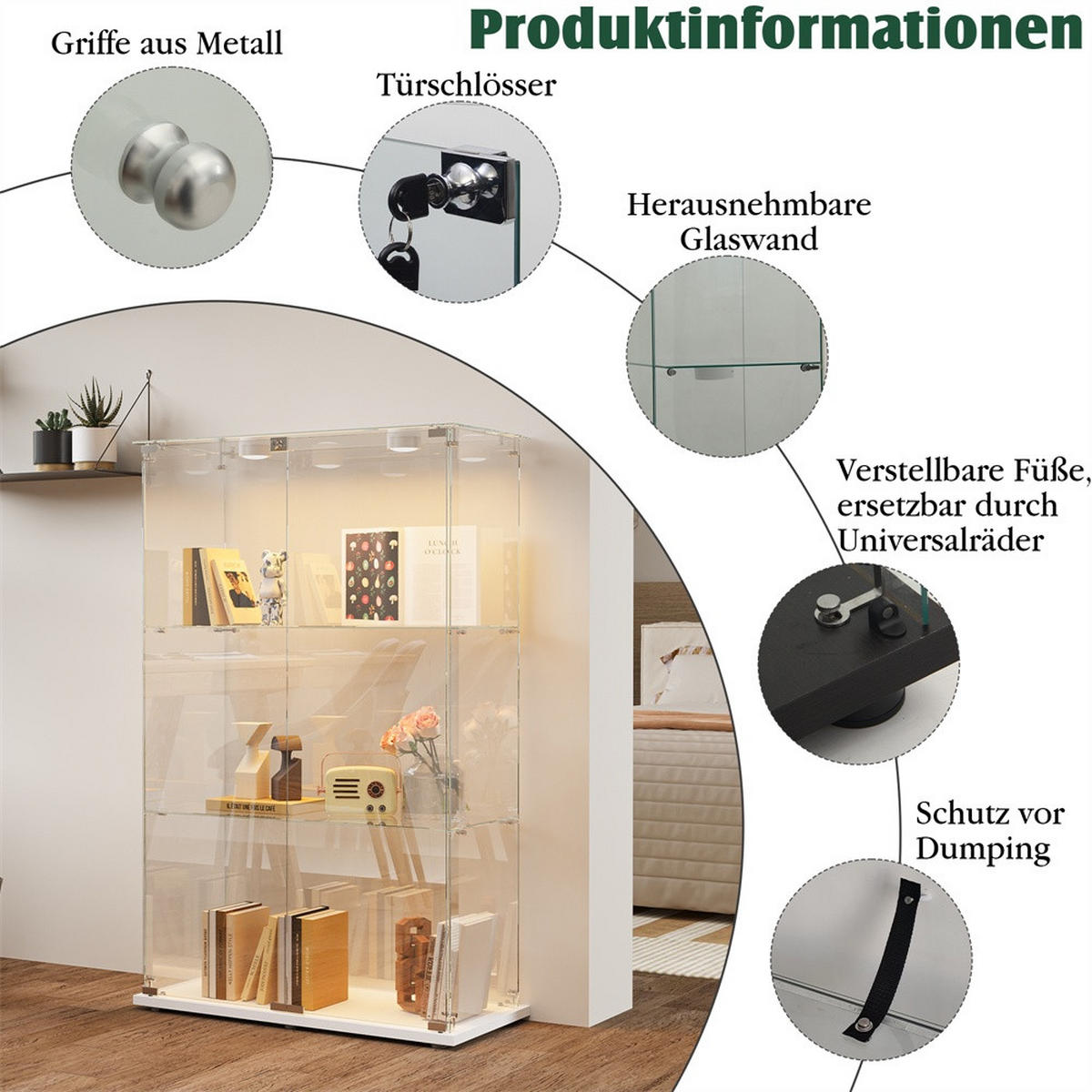 VITRINE - Glasvitrine mit 2 Türen und 3 Ebenen - integrierte LED-Spot-Beleuchtung - Weißer Holzboden - Weiß, Glas (78.5/123.3/35cm) - DELFA