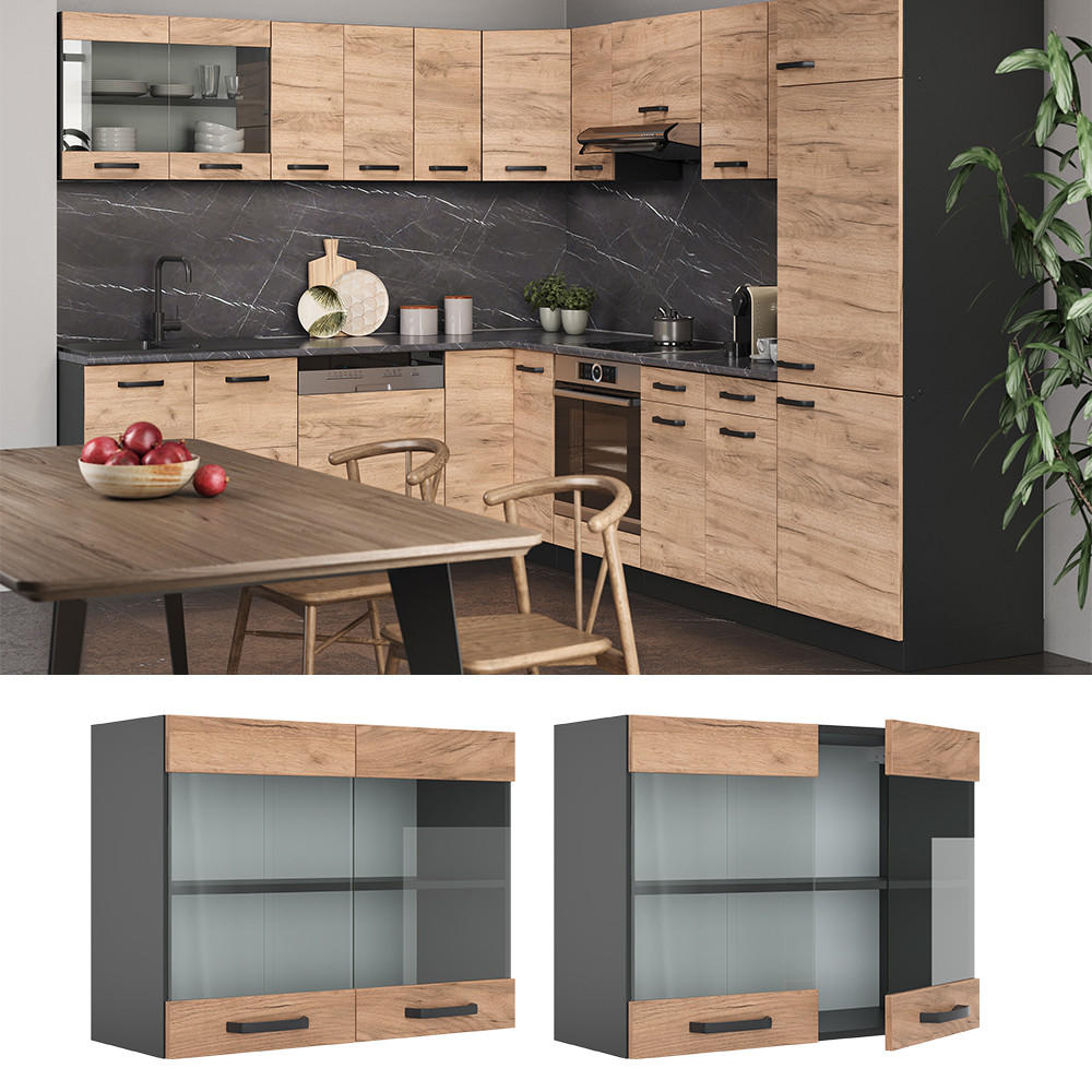 KÜCHENGLASSCHRANK R-Line Goldkraft Eiche 80 cm - Anthrazit/Eiche Wotan, Holzwerkstoff (80/60/31cm) - Vicco