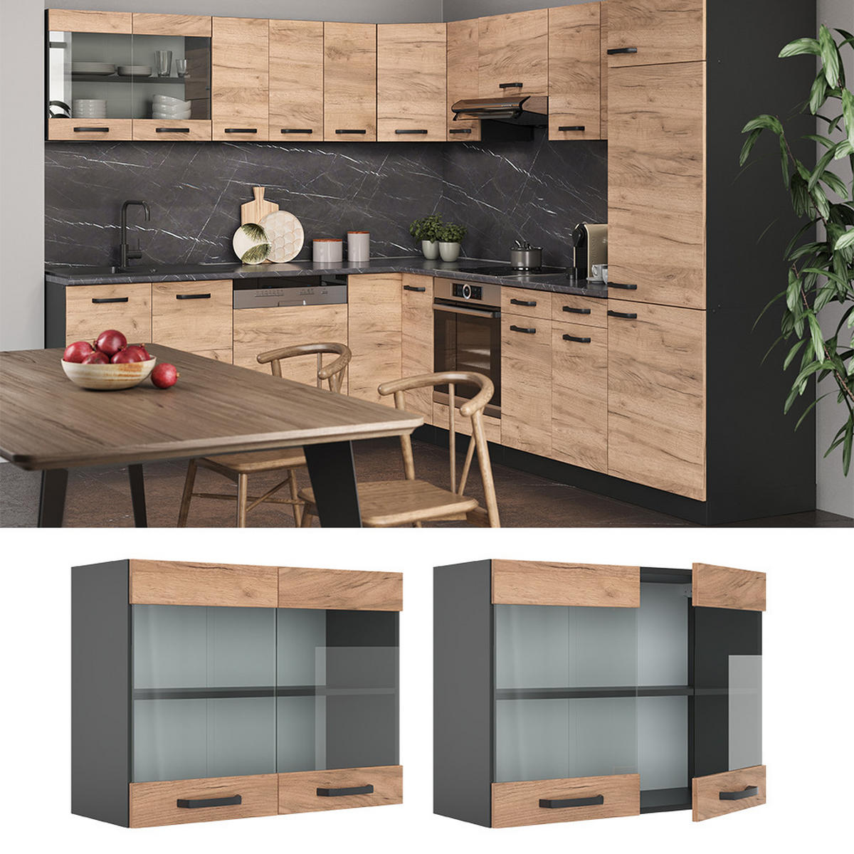 KÜCHENGLASSCHRANK R-Line Goldkraft Eiche 80 cm - Anthrazit/Eiche Wotan, Holzwerkstoff (80/60/31cm) - Vicco