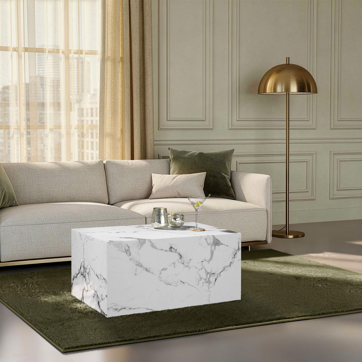 COUCHTISCH Lasley, inkl. Bodenschoner, Belastbarkeit 45 kg, Marmor Optik weiß - Weiß, Holz (50/90/40cm) - tectake