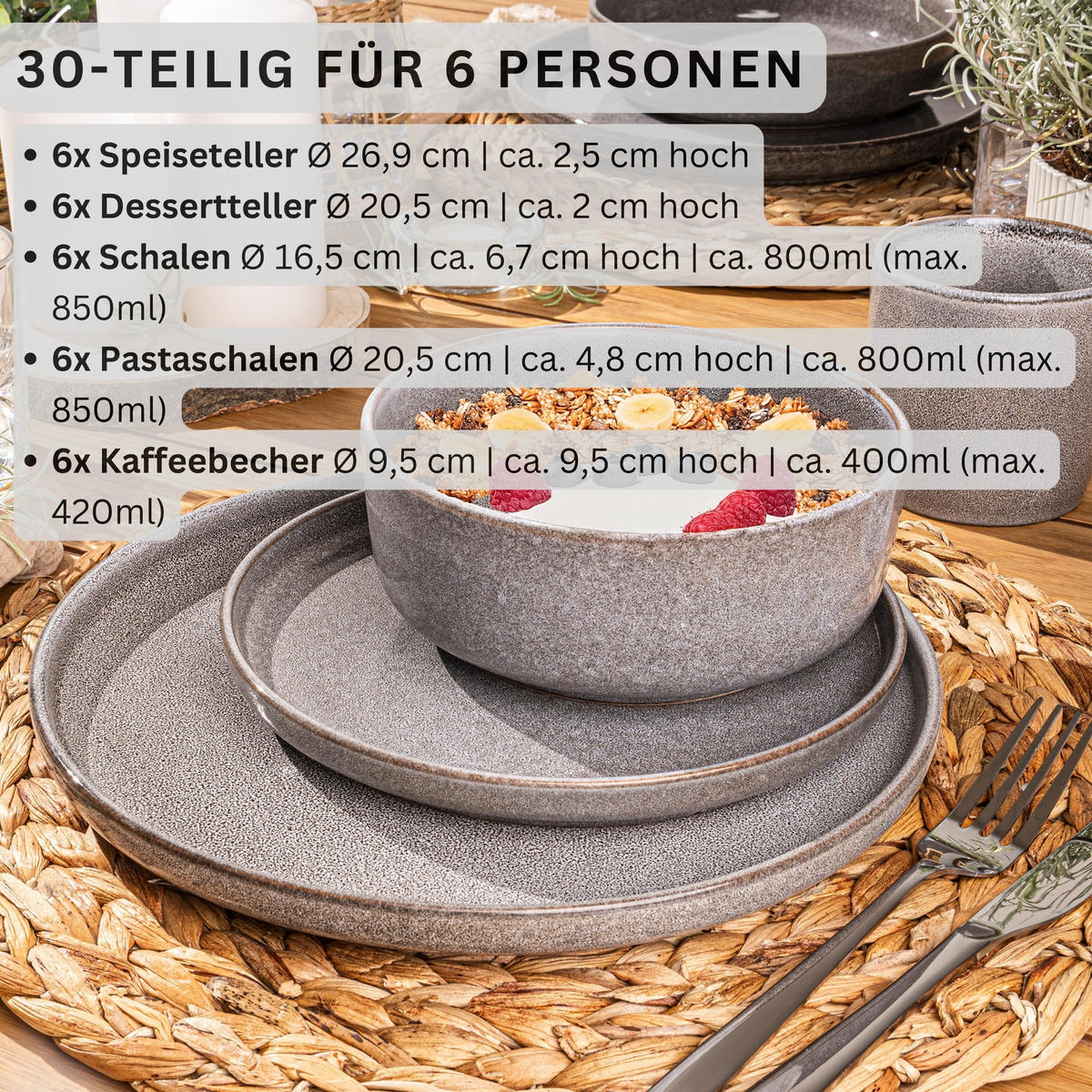 TAFELSERVICE KAIRO MONDGRAU - 30 teilig aus Steingut - Dunkelgrau, Keramik (70/30/70cm) - Sänger