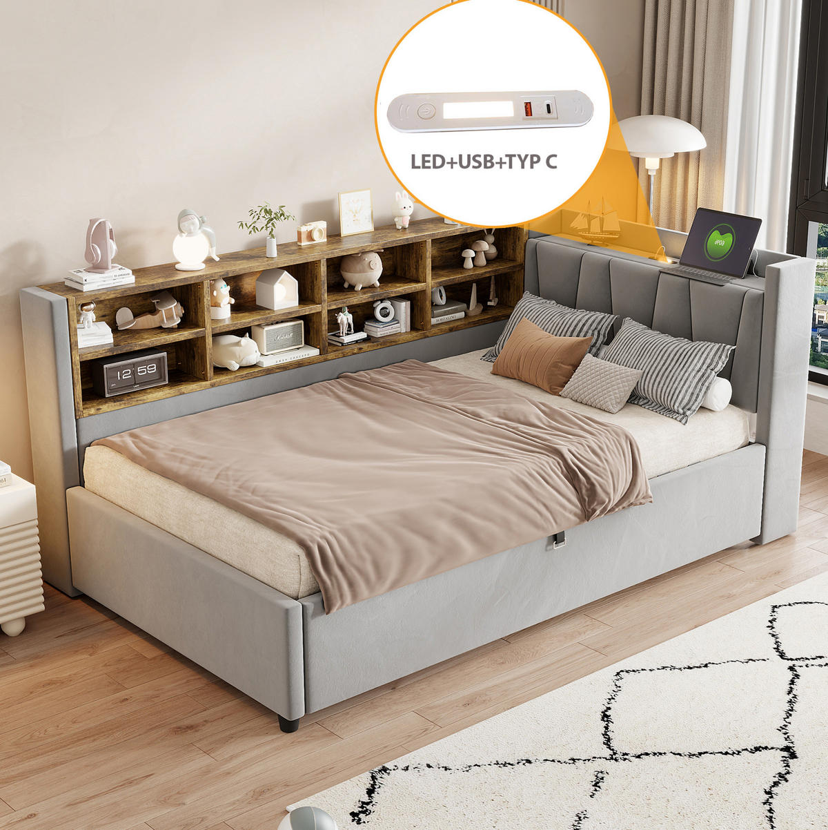 POLSTERBETT aus Samt 90x200 cm Grau mit hydraulischem Stauraum, Nachtlicht, USB- und Typ-C-Anschluss - Hellgrau, Textil (90/200cm) - IVMEU