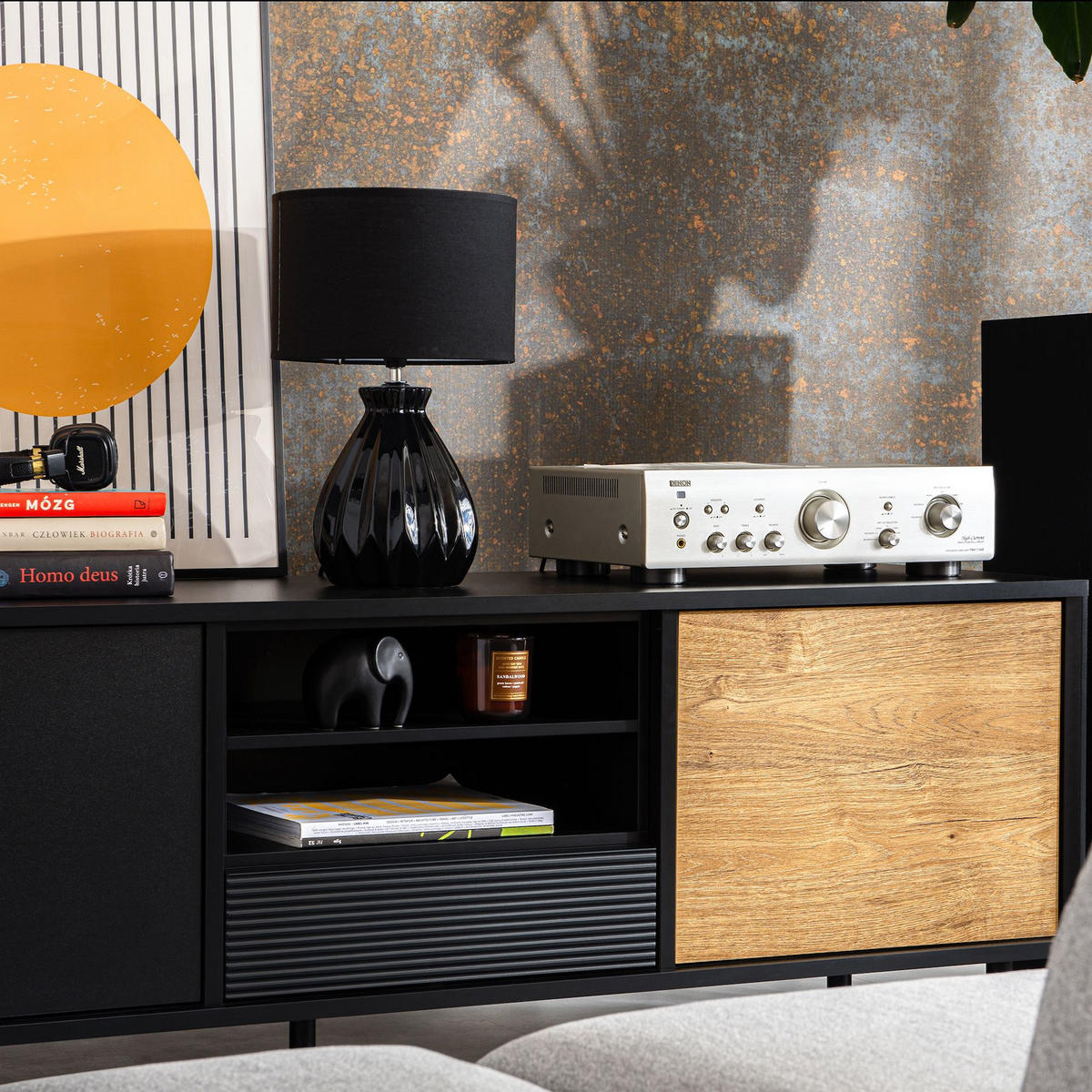LOWBOARD LOFTY Loft-Stil, schwarz - Eichefarben/Schwarz, Holzwerkstoff (152/59/41cm) - KONSIMO®