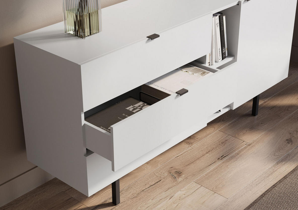 SIDEBOARD Myway, Weiß, 3 Schubladen, Minimalistisch, 160 cm - Schwarz/Weiß, Holzwerkstoff/Metall (160/80/41.6cm) - Skandica