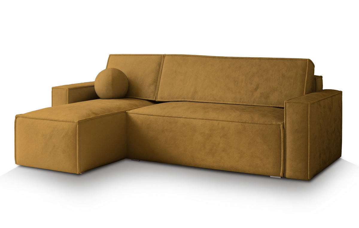 ECKSOFA RAVELO M Gelb Velours-Stoff mit Schlaffunktion - Gelb, Holz (240/140cm) - MASSENO