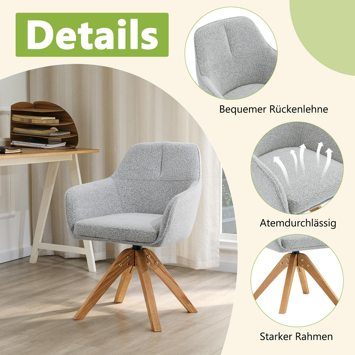 ARMLEHNSTUHL-SET DE-36640 2 Stück mit Stoffbezug und Massivholzbeinen Grau - Grau, Holz (46/82/58cm) - ComfortXL