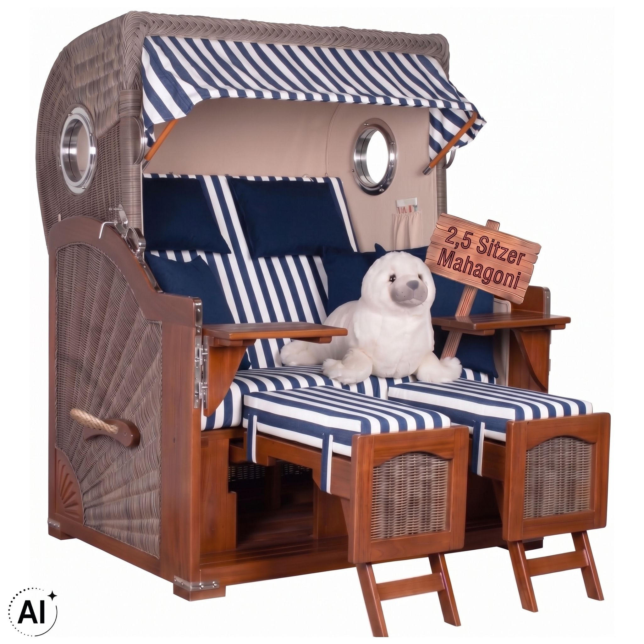 STRANDKORB XXL Düne Grande 2,5 Sitzer - Blau/Braun, Metall (142/170/95cm) - Mr. Deko