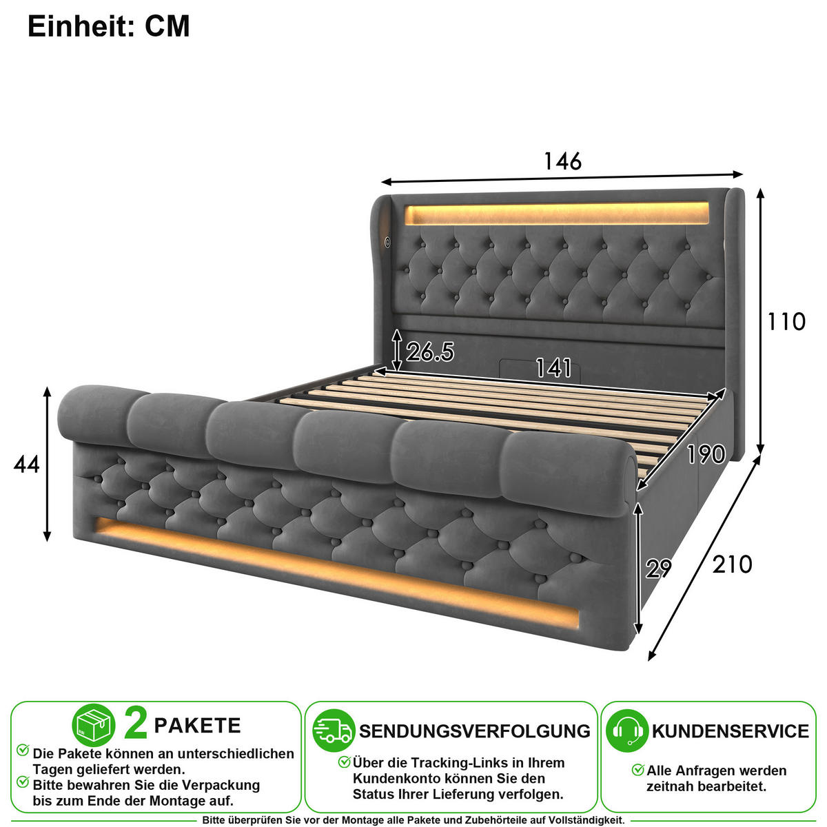 POLSTERBETT 140/190 cm in Grau Samt mit Bettkasten, LED, USB und Type-C - Grau, Holzwerkstoff/Textil (140/190cm) - CHICFURN