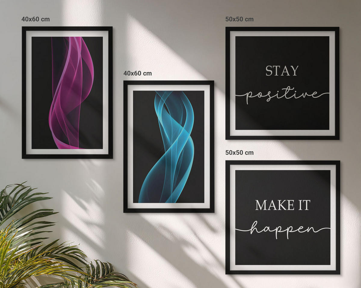WANDBILDER 4er-Set - 50x50 cm & 40x60 cm Schwarzer Rahmen - Neonlinienwellen im Hintergrund - Schwarz, Kunststoff (50/50cm) - ArtPrintCave
