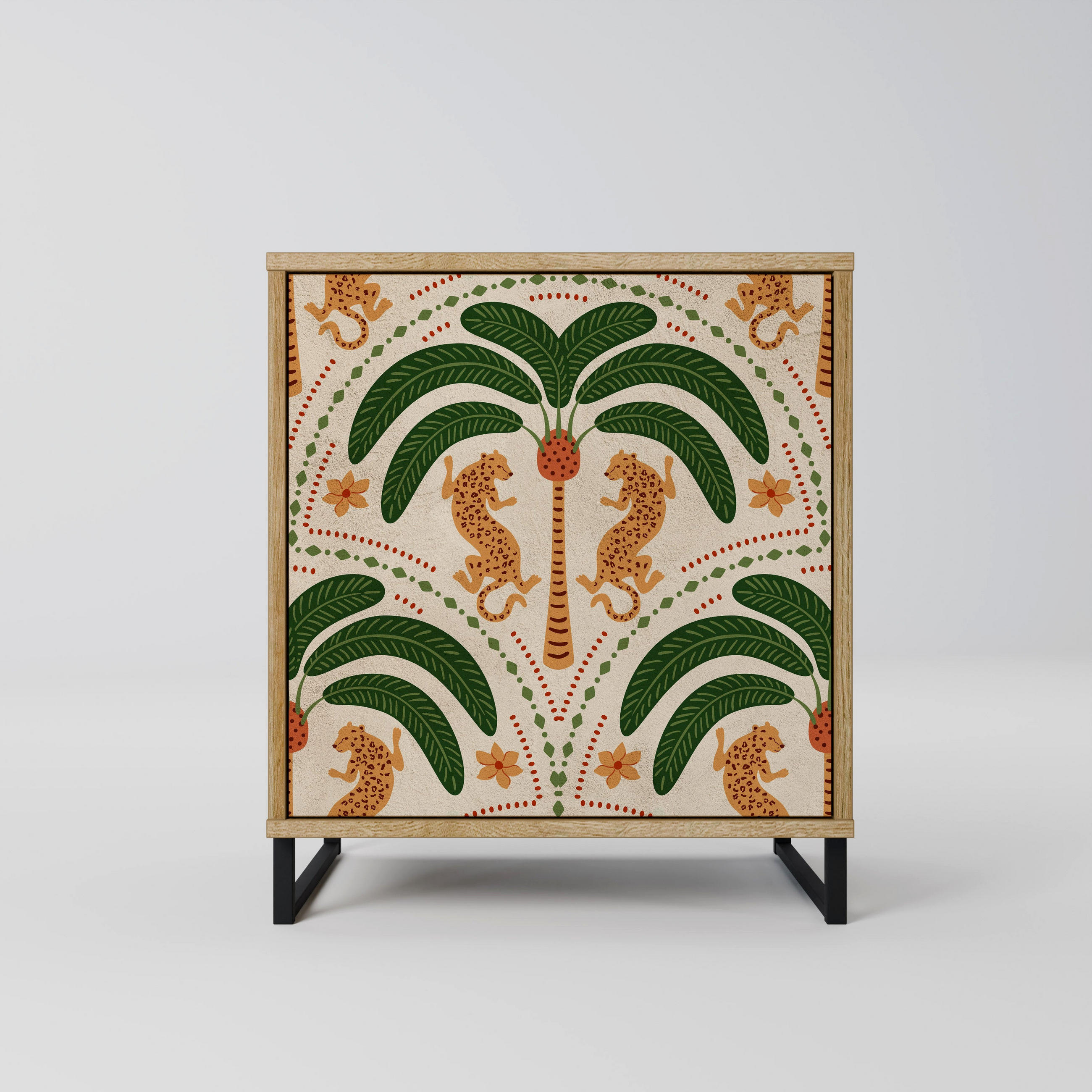 SIDEBOARD DANCING PREDATORS, Eichefarben, 57,5x42x67,5 cm, Schwarze Metall-Rahmenfüße - Eichefarben/Multicolor, Holzwerkstoff/Metall (57.5/67.5/42cm) - SpaceRebels
