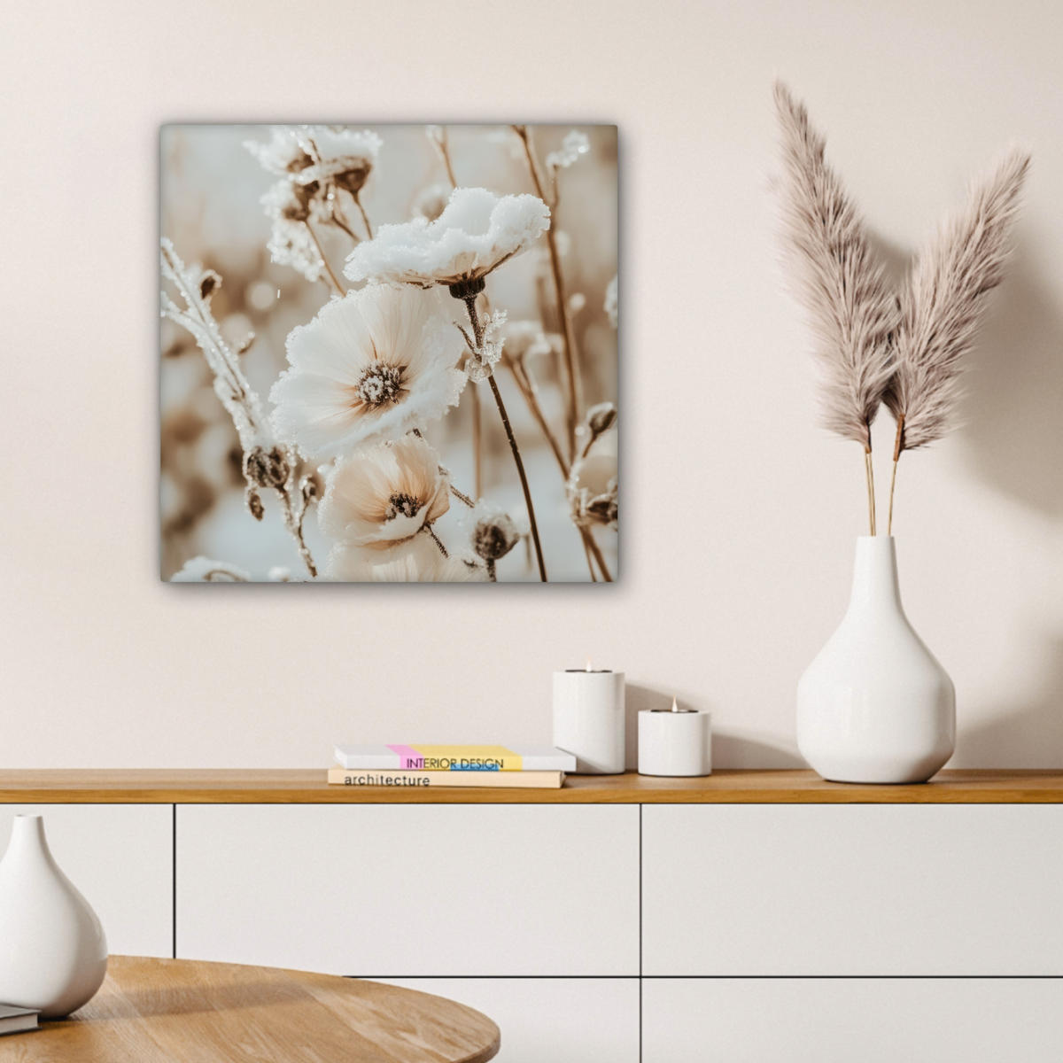 LEINWANDBILD Blumen - Winter - Weiß - Schnee - Beige 50x50 cm - Creme, Textil (50/50cm) - MuchoWow