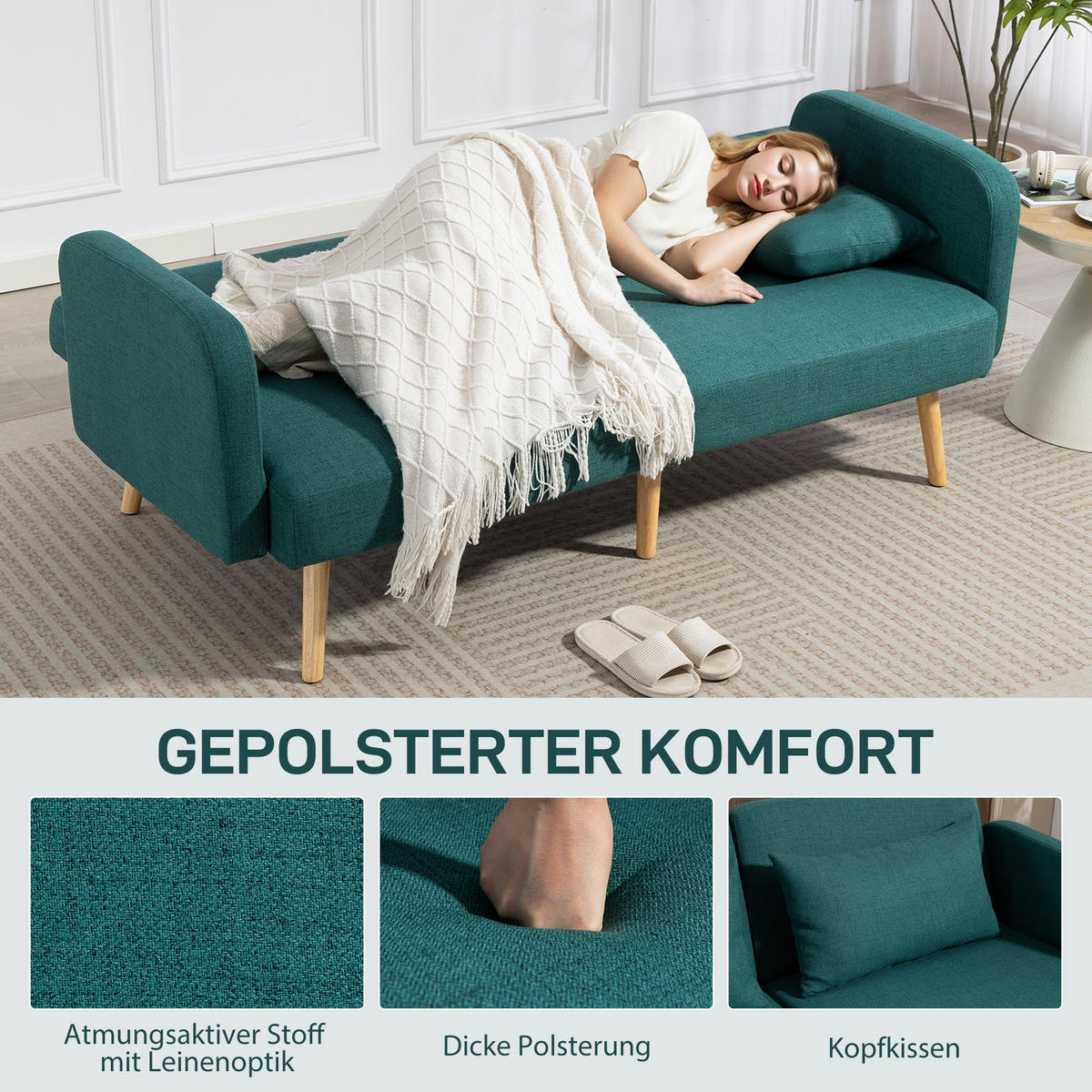 SCHLAFSOFA, 3-Sitzer-Sofa mit Bettfunktion, 2 Kissen, Leinenoptik, Grün - Naturfarben/Grün, Holz/Textil (83/80/170cm) - HOMCOM