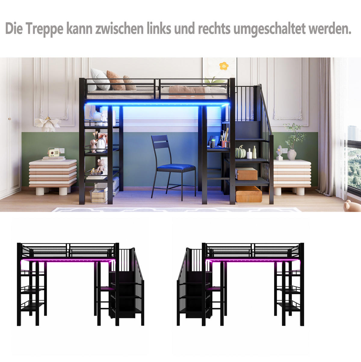 HOCHBETT 90/200 cm aus Metall mit Schreibtisch, Regal und LED-Beleuchtung Schwarz - Schwarz, Metall (90/200cm) - Modenvie