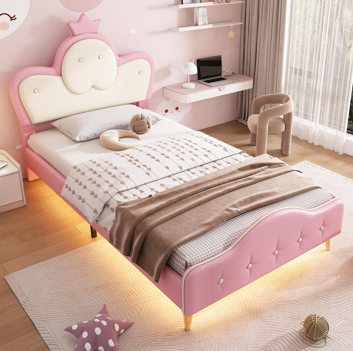 KINDERBETT 90/200 cm mit LED-Lichtleiste, weichen Schutzkanten und Kronen-Kopfteil aus PU, Rosa/Weiß - Weiß, Kunststoff (90/200cm) - Redom