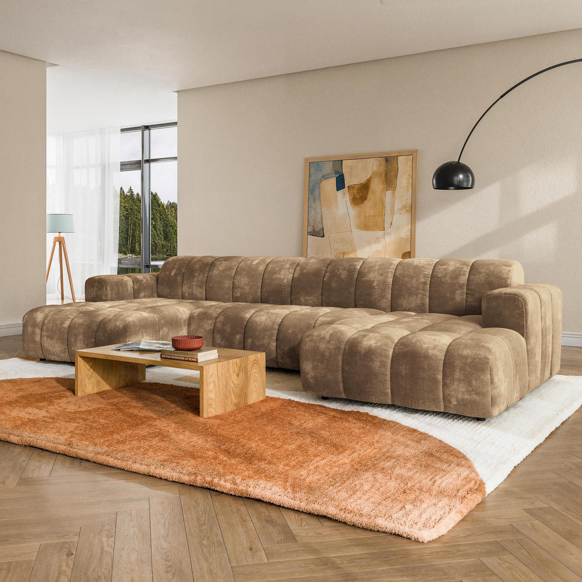 WOHNLANDSCHAFT AENIS Beige Chenille - Beige, Holz (398/85/165cm) - MASSENO