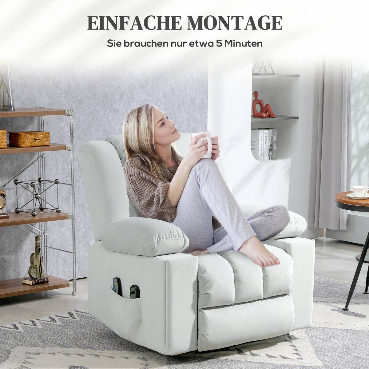 FERNSEHSESSEL mit Aufstehhilfe, Samt, Hellgrau - Hellgrau, Textil (101/104/93cm) - HOMCOM